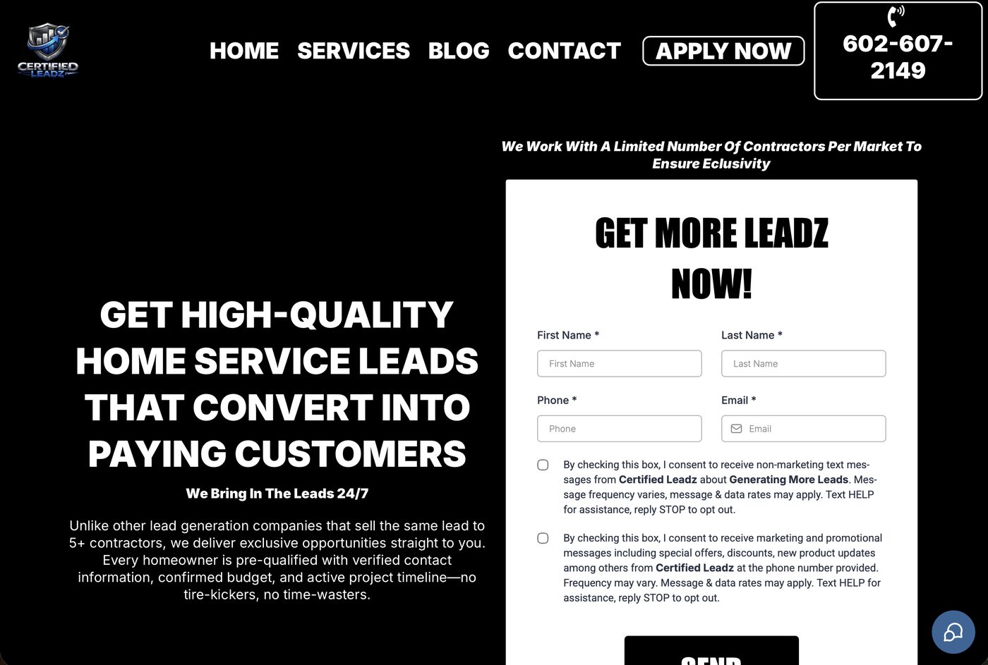 The previous Certified Leadz website: a black page-builder template with a generic headline and a long opt-in form.